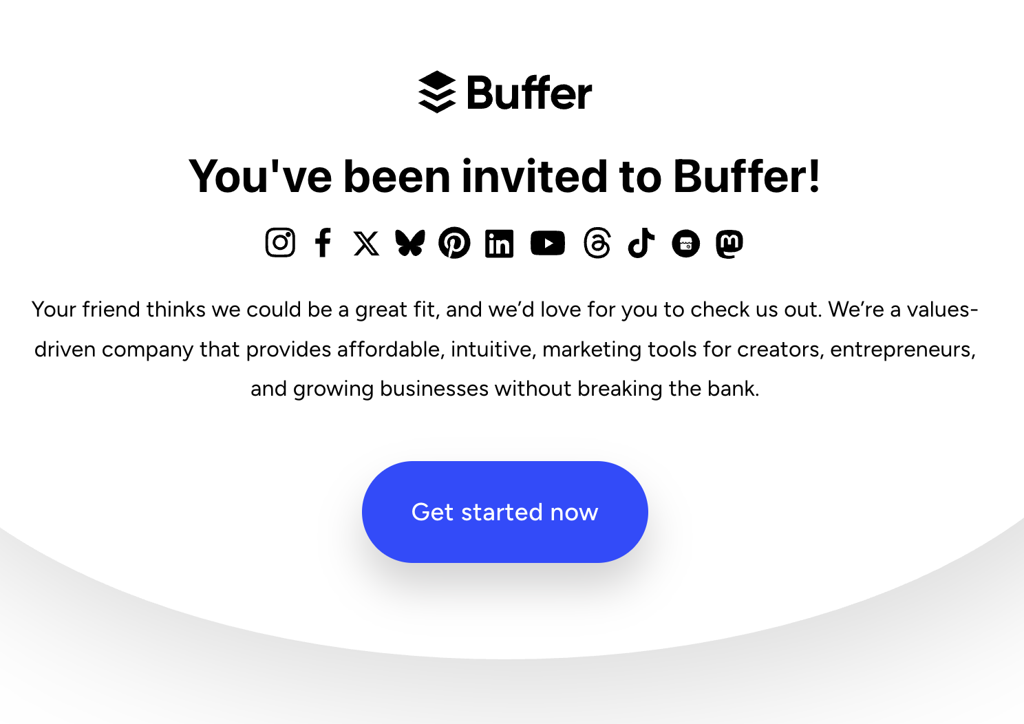 Buffer公式サイトのトップページでGet started nowボタンが表示されている