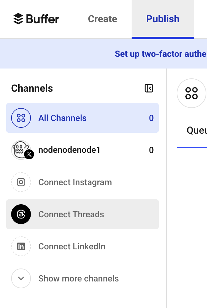 BufferのPublishメニューでX、Threadsなどのソーシャルメディアプラットフォームの接続選択画面