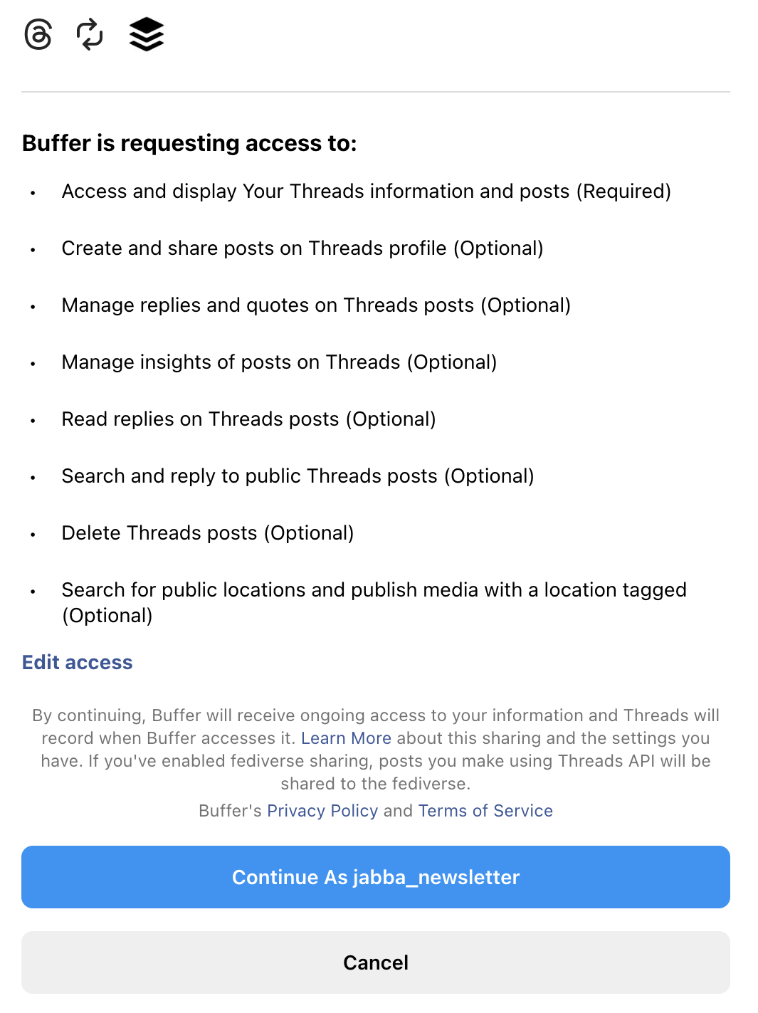 Continue as [あなたの名前] ボタンが表示されたBufferアカウント接続許可画面