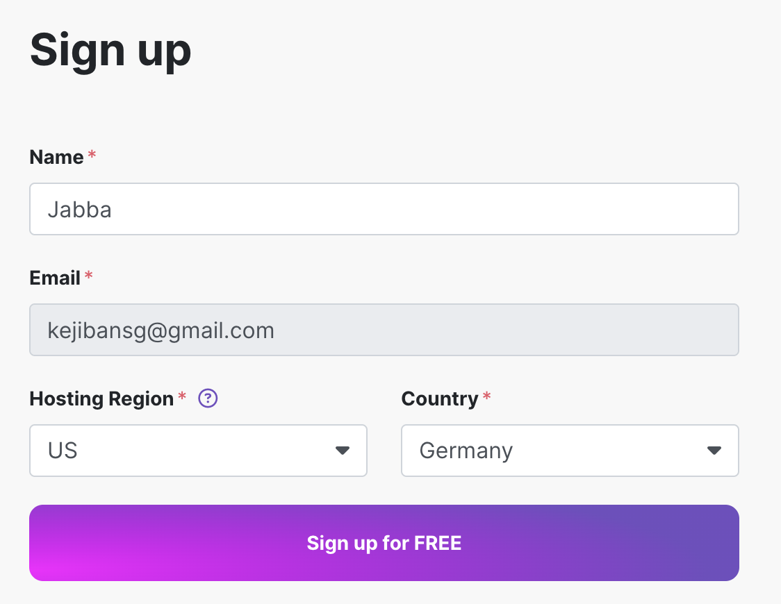 Makeのアカウント情報入力画面でHosting RegionをUSに設定し、Sign up for FREEボタンが表示されている