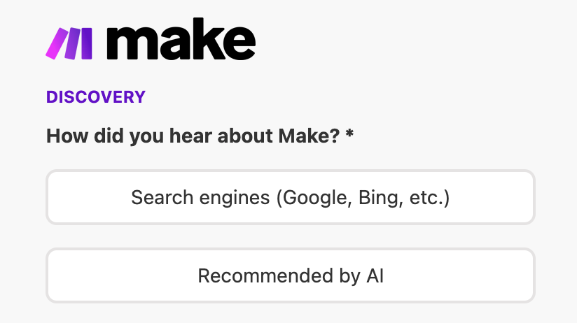 Makeの初回セットアップ用アンケート画面で複数の選択肢が表示されている
