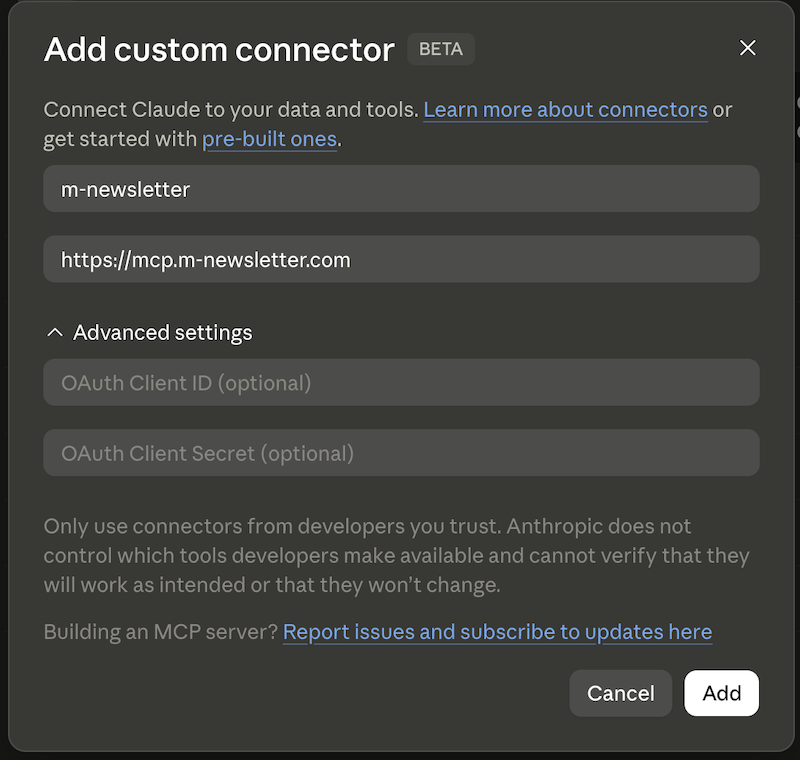Claudeの「カスタムコネクタを追加」画面。名前とMCPサーバーURLを入力する